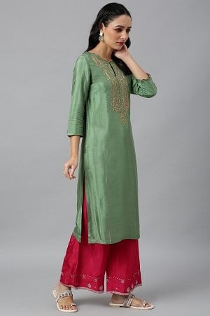 Green Embroidered Yoke kurta with Pink Parallel Pants