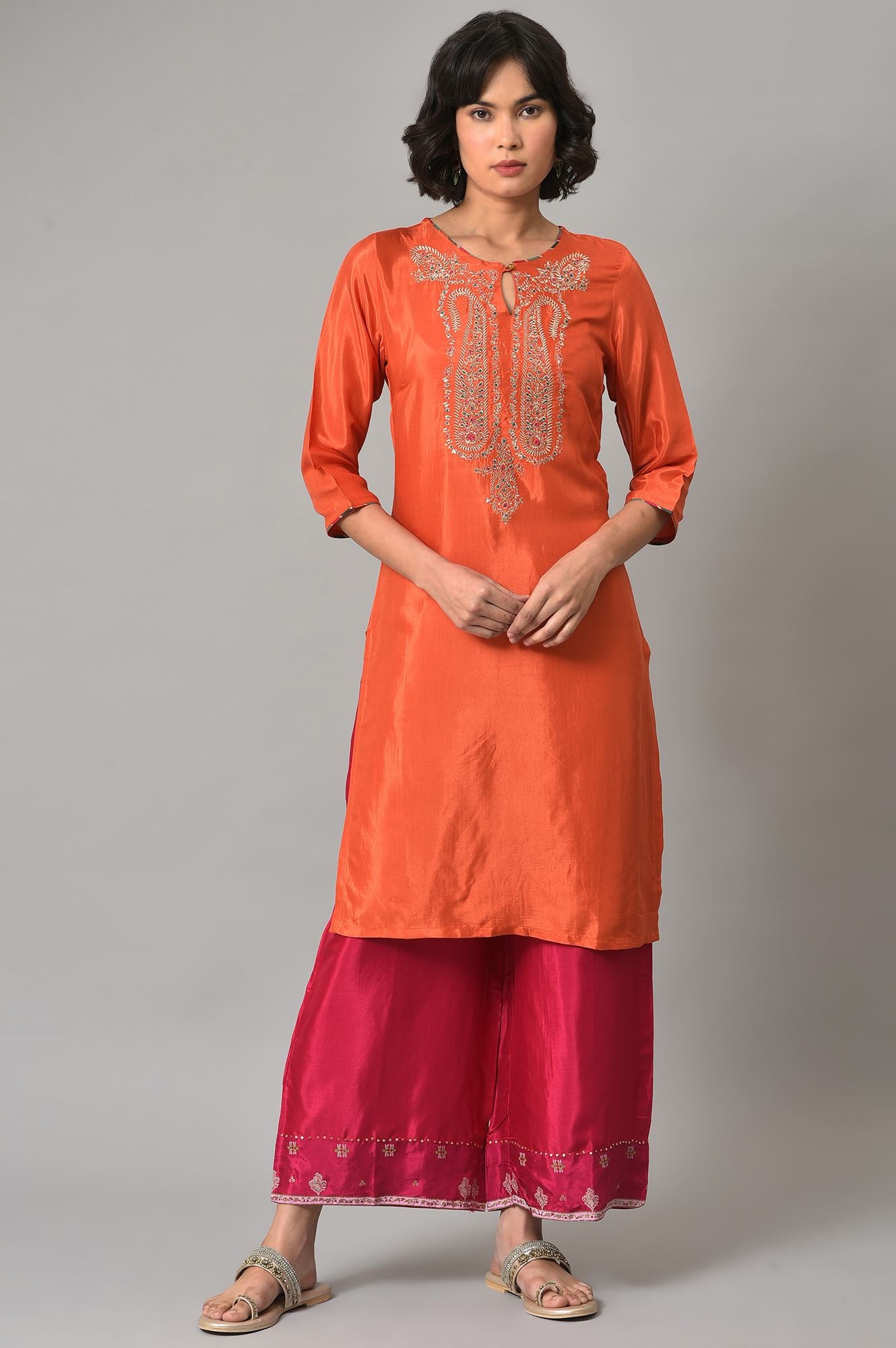 Orange Shantung kurta With Multicoloured Embroidery