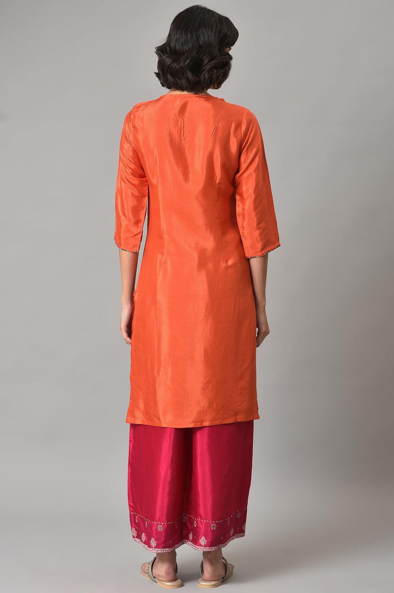 Orange Shantung kurta With Multicoloured Embroidery