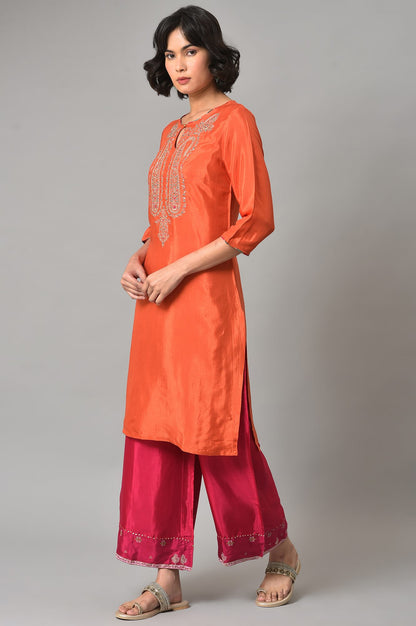 Orange Shantung kurta With Multicoloured Embroidery