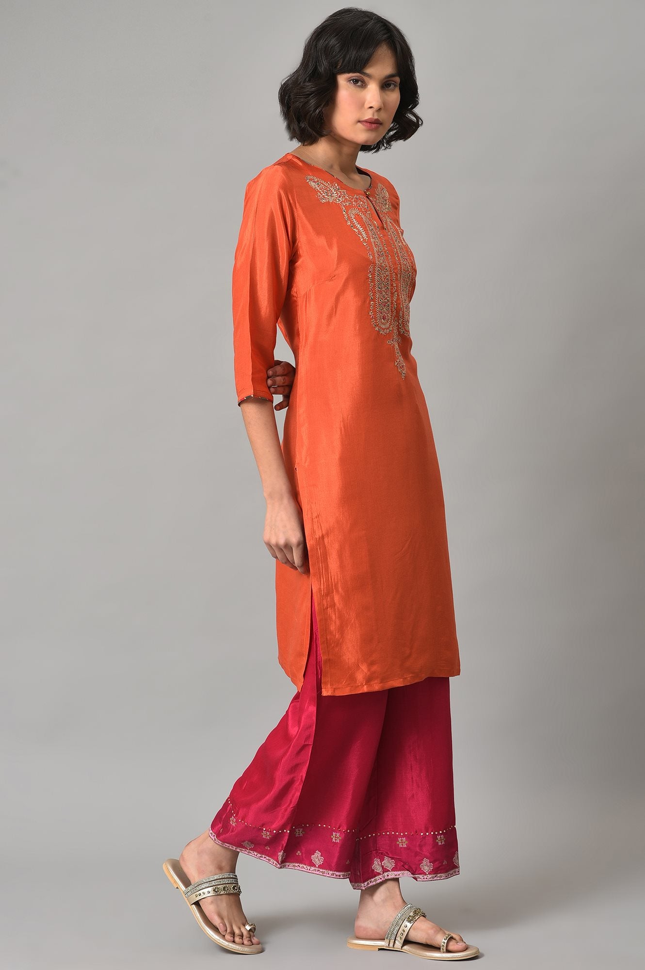 Orange Shantung kurta With Multicoloured Embroidery