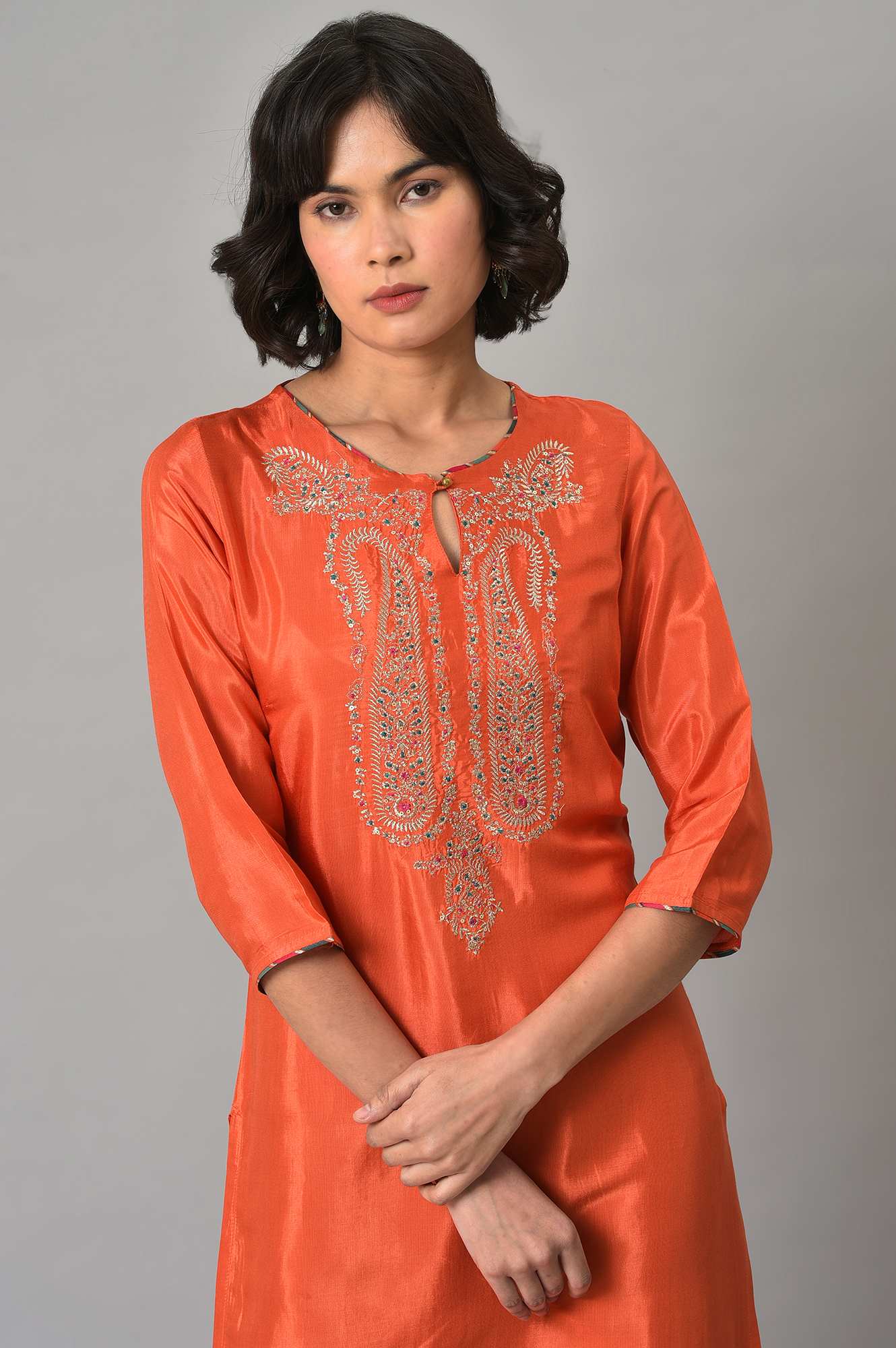 Orange Shantung kurta With Multicoloured Embroidery