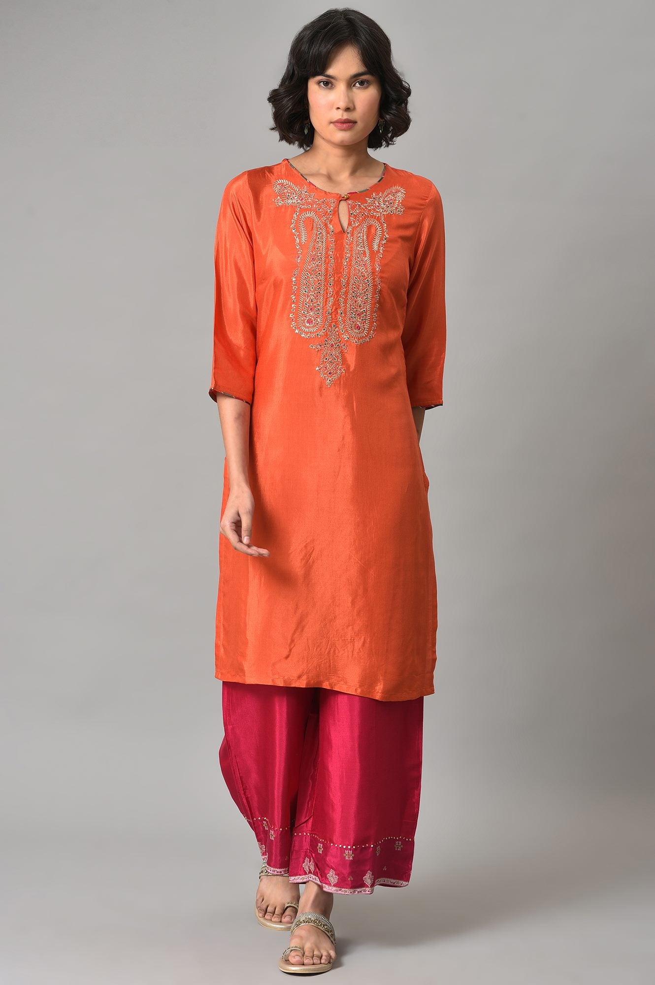 Orange Shantung kurta With Multicoloured Embroidery