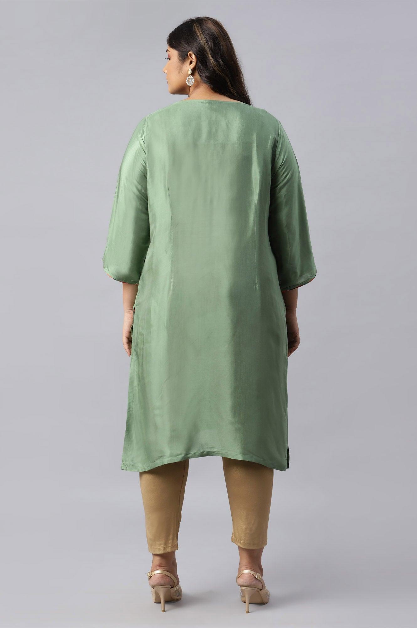 Green Straight Plus Size kurta With Embroidered Yoke - wforwoman