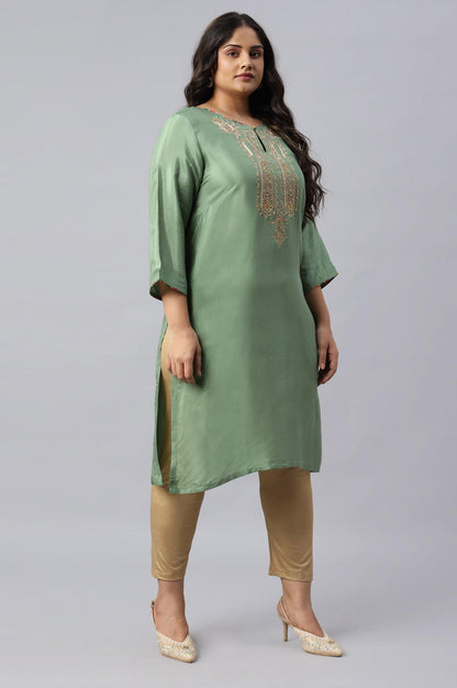 Green Straight Plus Size kurta With Embroidered Yoke - wforwoman