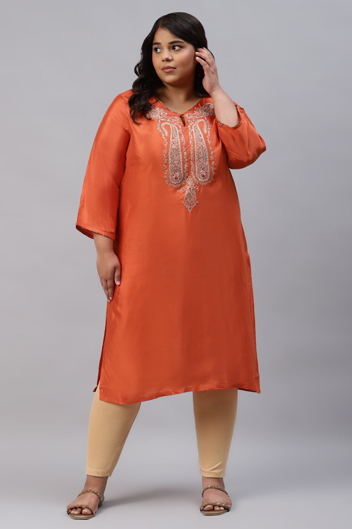 Orange Shantung Plus Size kurta With Multicoloured Embroidery