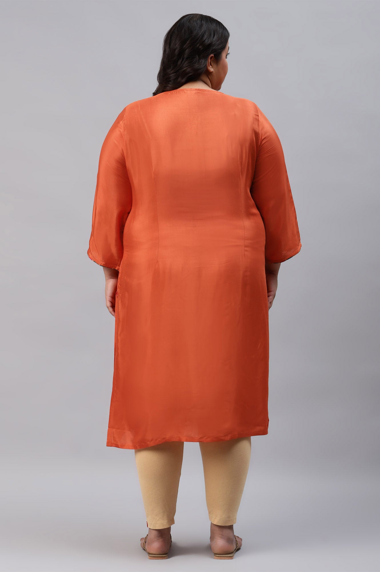 Orange Shantung Plus Size kurta With Multicoloured Embroidery