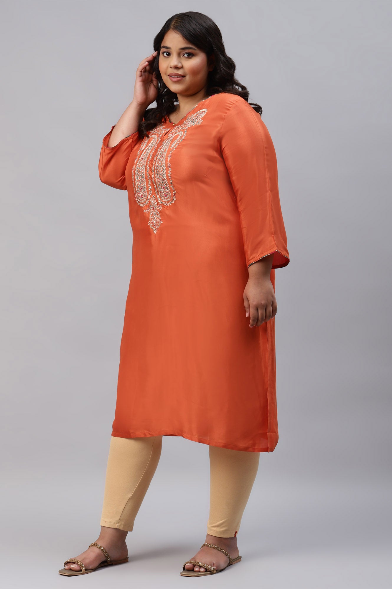 Orange Shantung Plus Size kurta With Multicoloured Embroidery