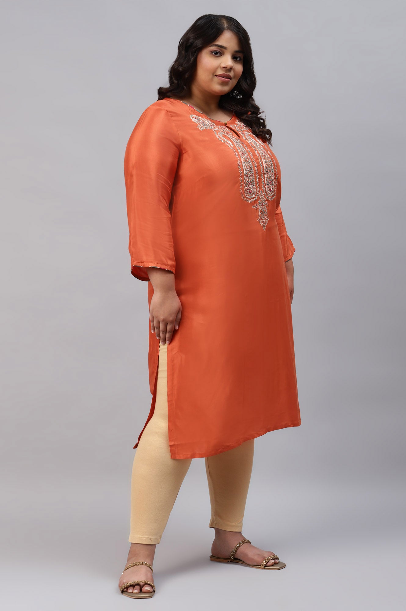 Orange Shantung Plus Size kurta With Multicoloured Embroidery