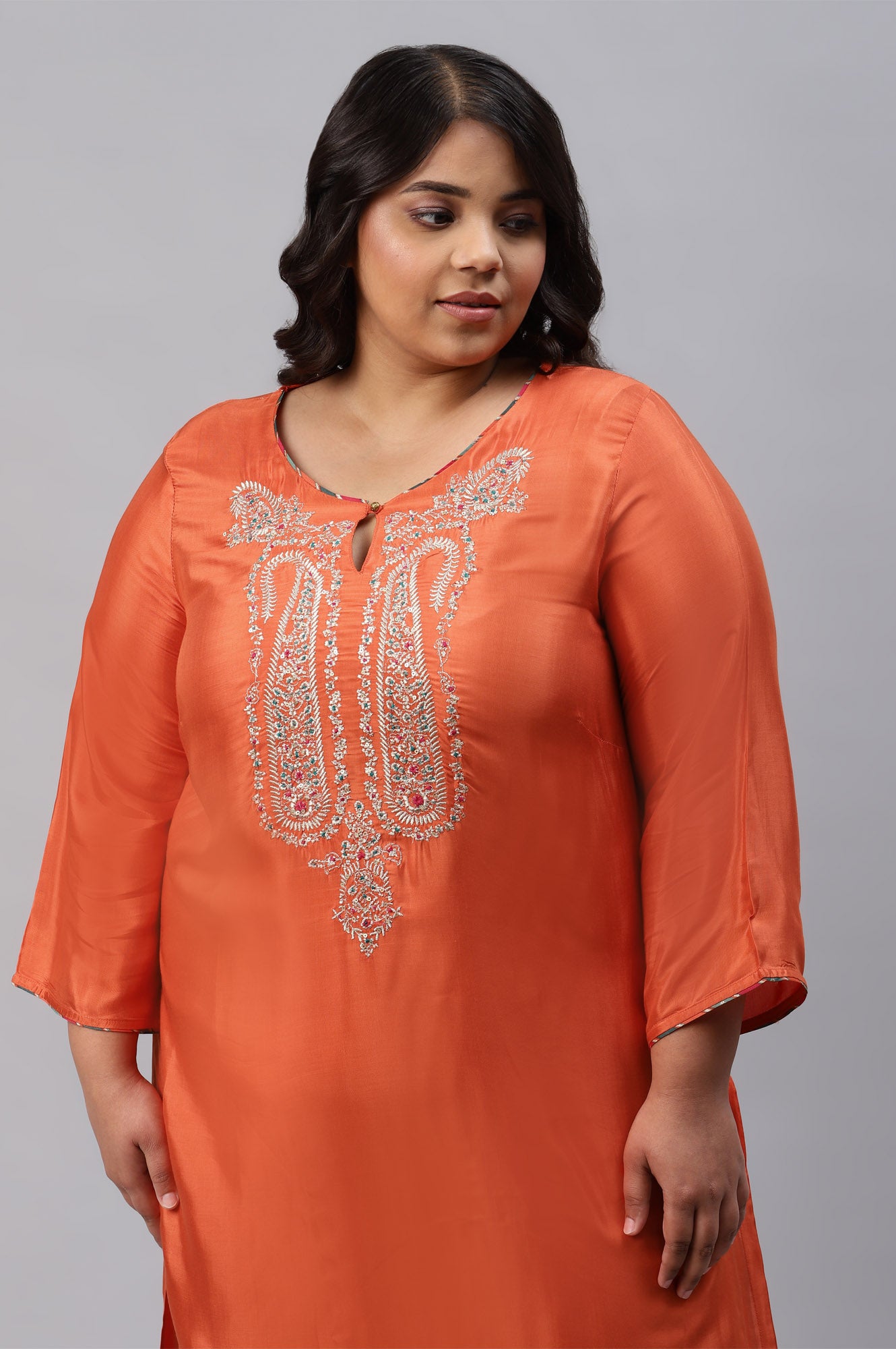 Orange Shantung Plus Size kurta With Multicoloured Embroidery