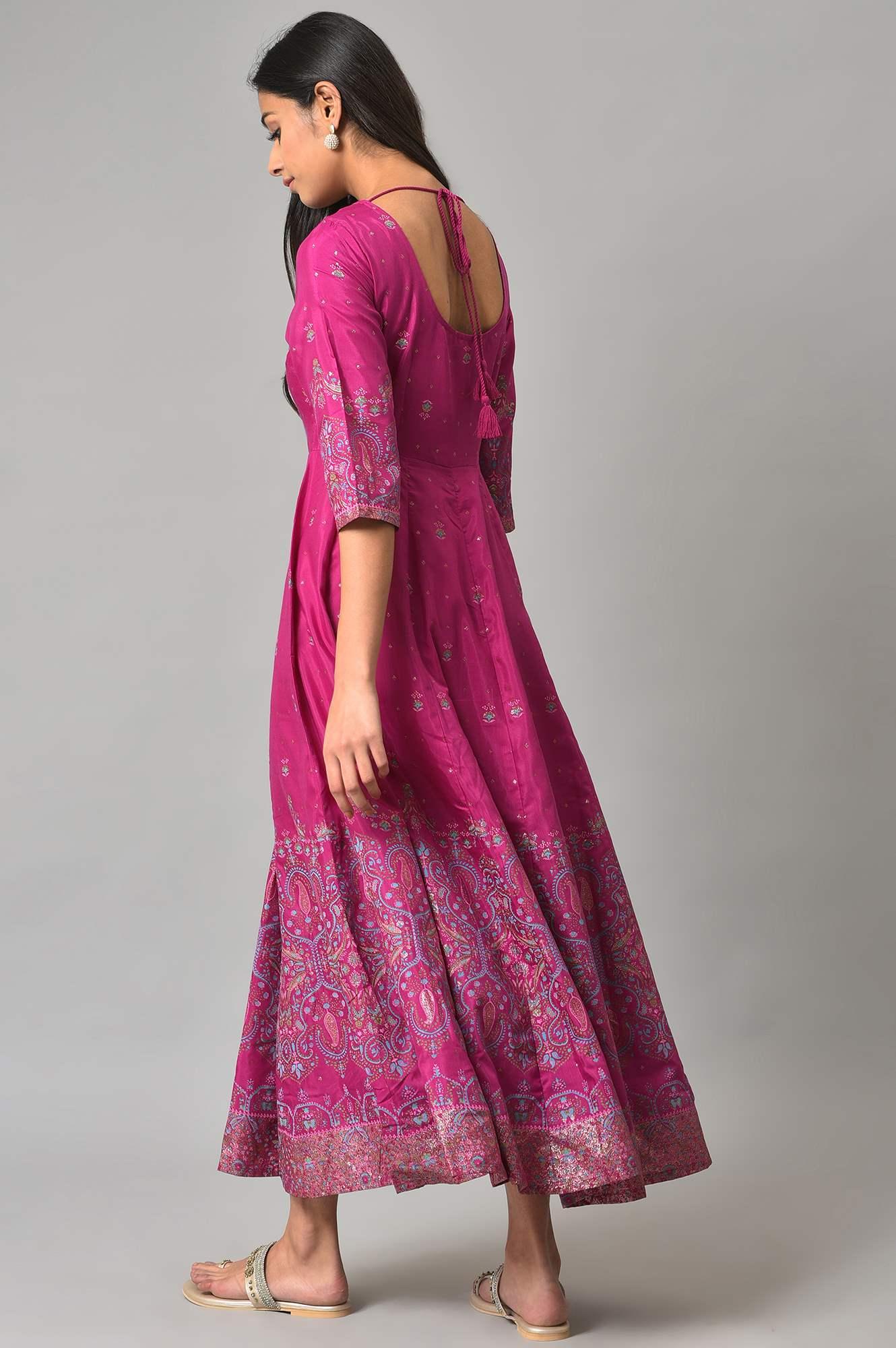 Purple Floral Printed Shantung Dress With Embroidery - wforwoman