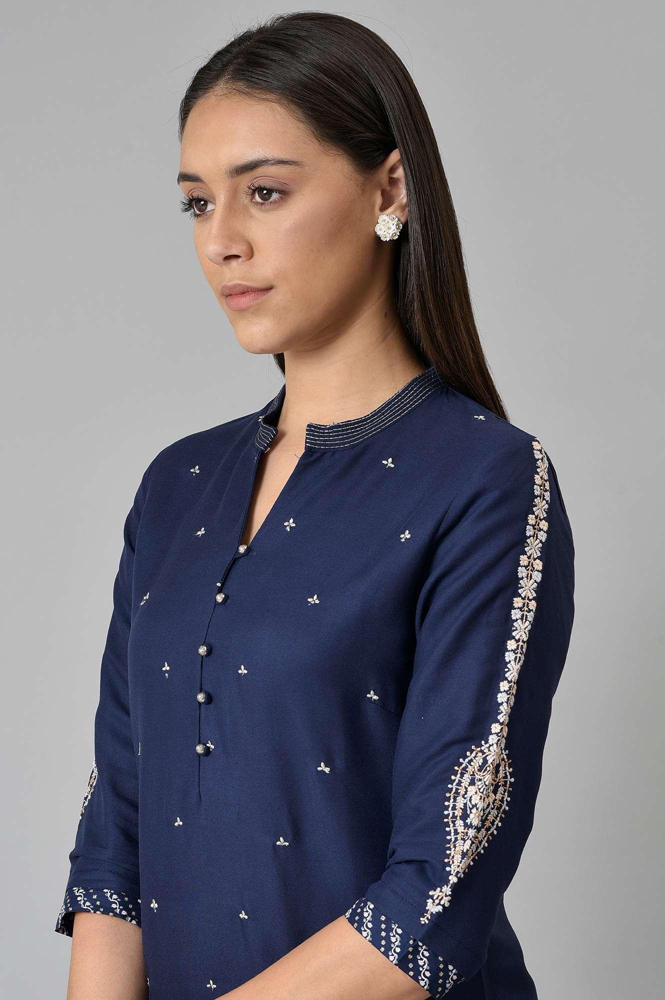 Blue Metallic Embroidered Button Down kurta - wforwoman