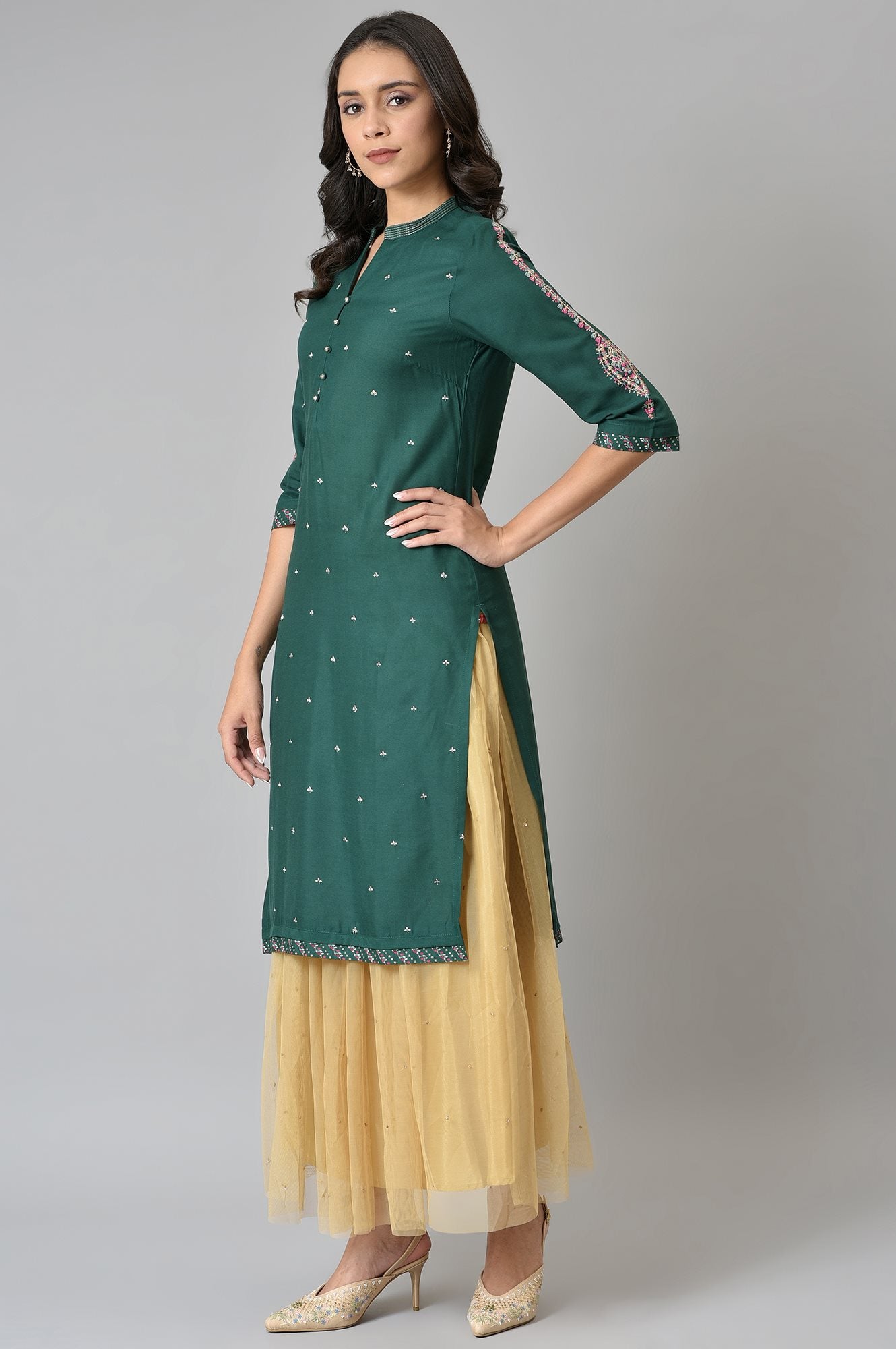 Green Metallic Embroidered Button Down kurta