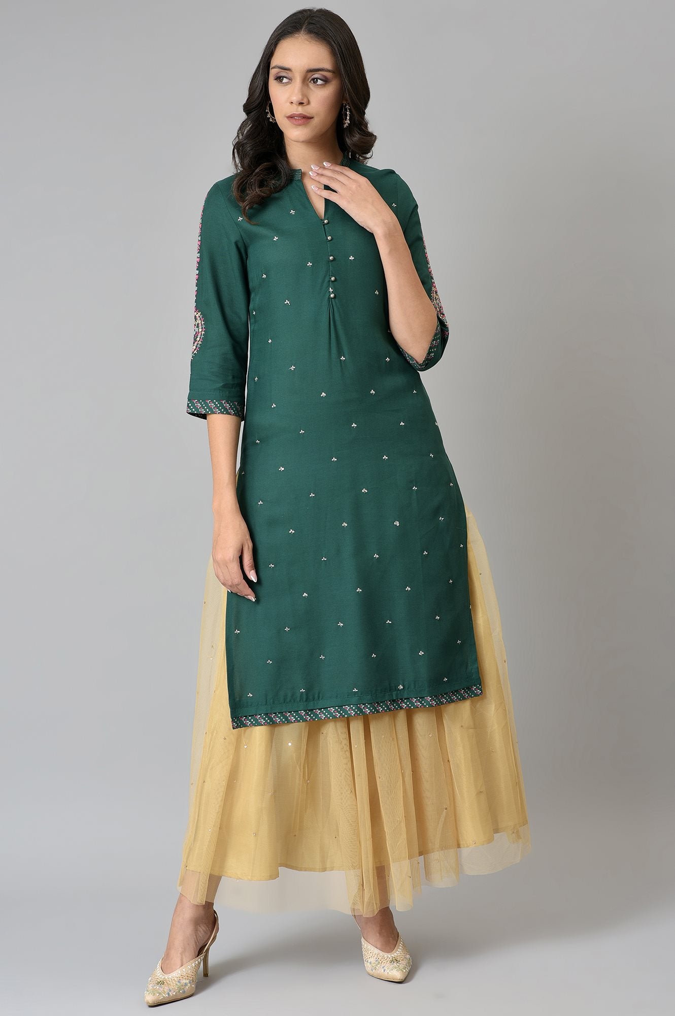 Green Metallic Embroidered Button Down kurta