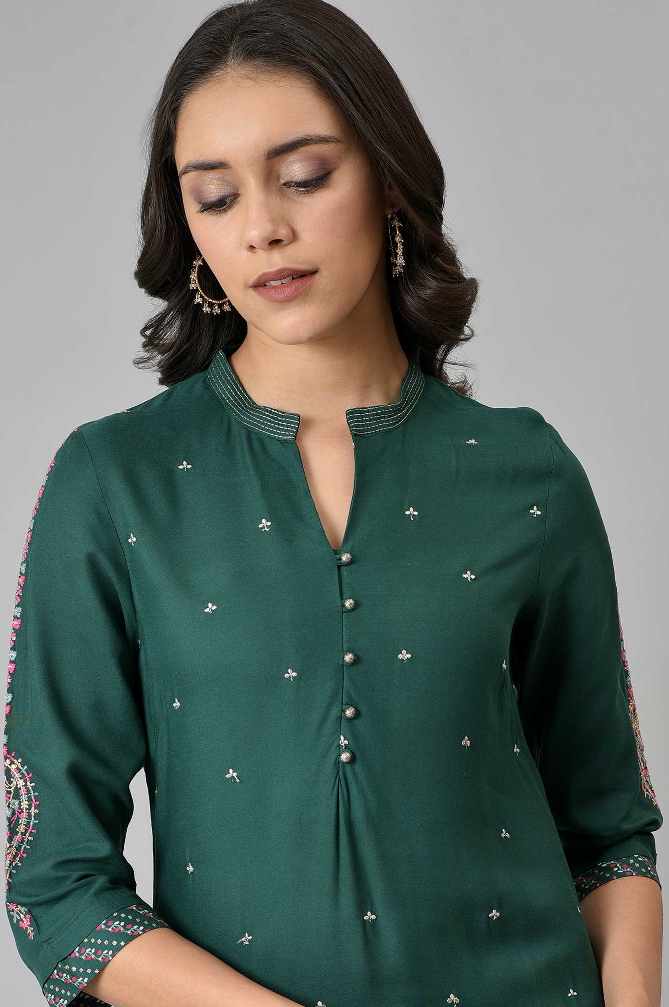 Green Metallic Embroidered Button Down kurta