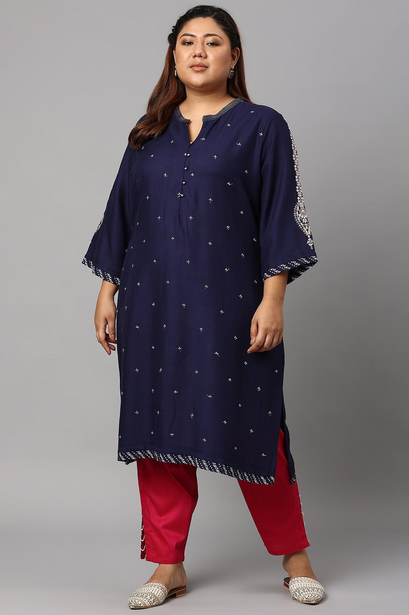 Blue Metallic Embroidered Button Down Plus Size kurta - wforwoman