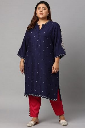 Blue Metallic Embroidered Button Down Plus Size kurta with Dark Pink Slim Pants