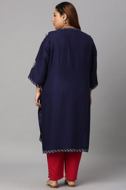 Blue Metallic Embroidered Button Down Plus Size kurta - wforwoman