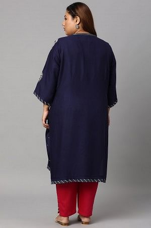 Blue Metallic Embroidered Button Down Plus Size kurta with Dark Pink Slim Pants