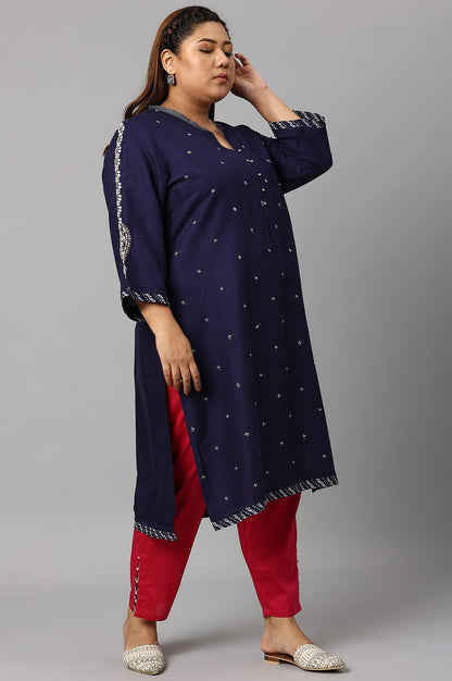 Blue Metallic Embroidered Button Down Plus Size kurta - wforwoman