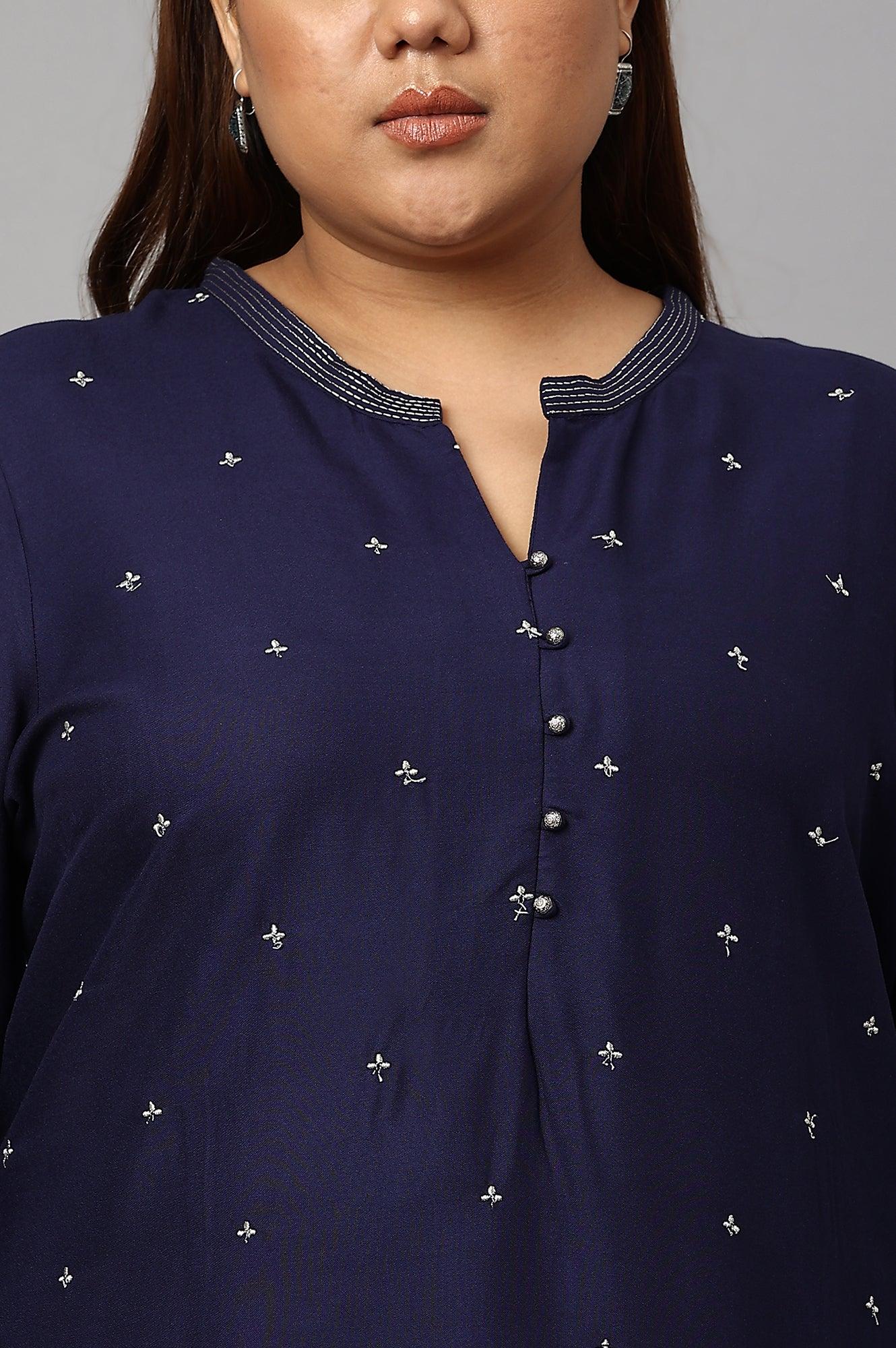 Blue Metallic Embroidered Button Down Plus Size kurta - wforwoman