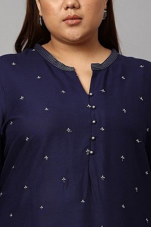 Blue Metallic Embroidered Button Down Plus Size kurta with Dark Pink Slim Pants