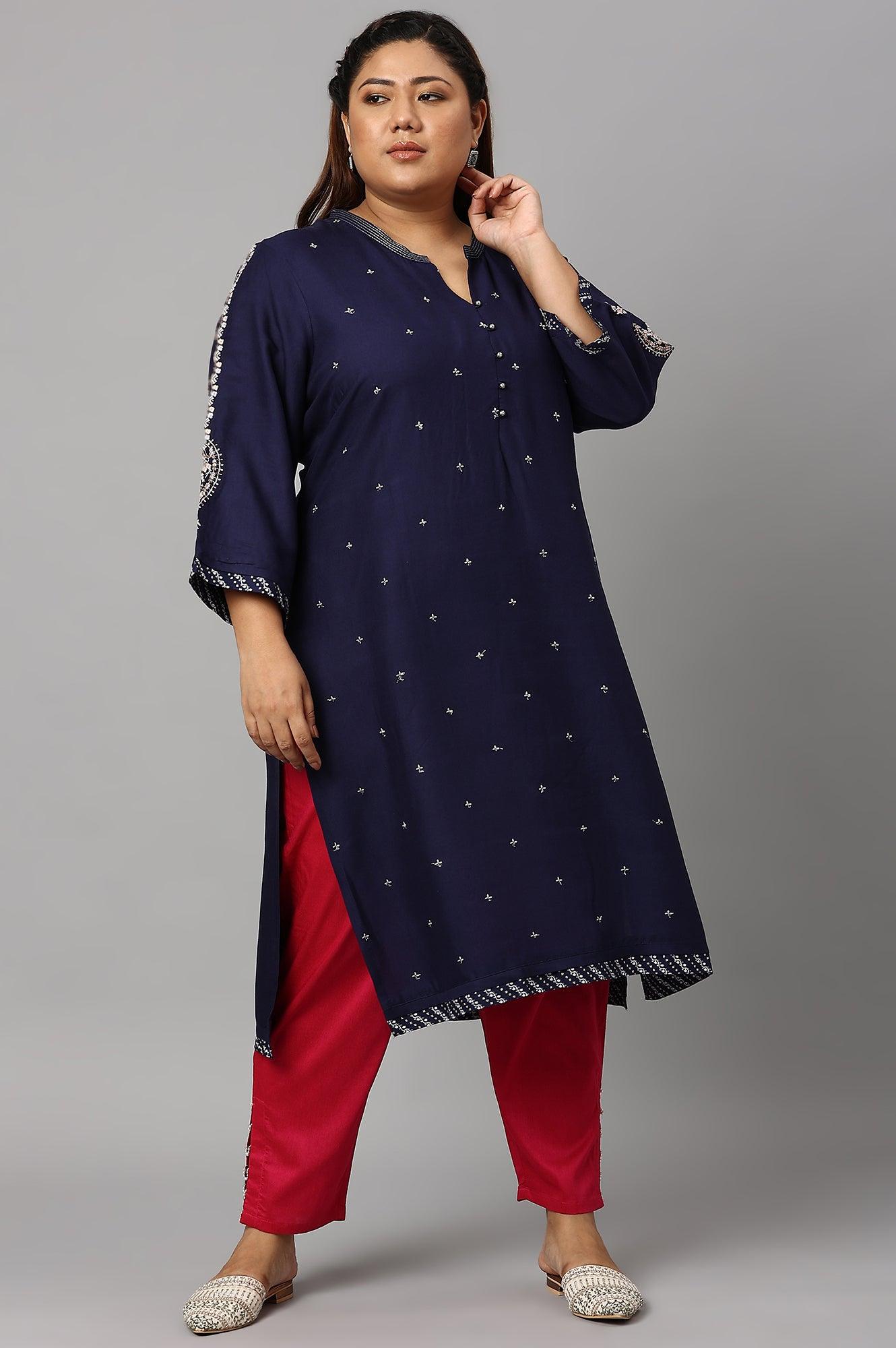 Blue Metallic Embroidered Button Down Plus Size kurta - wforwoman