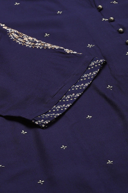 Blue Metallic Embroidered Button Down Plus Size kurta - wforwoman