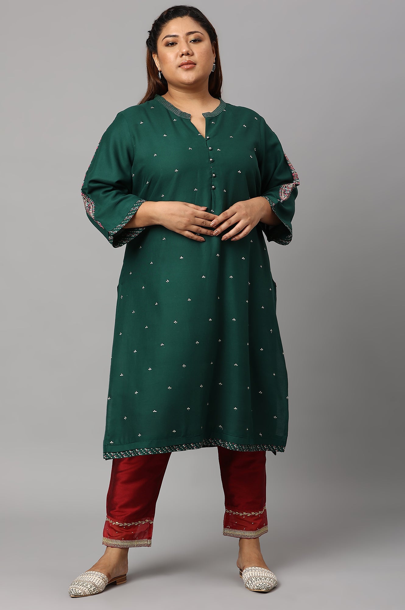 Green Metallic Embroidered Button Down Plus Size kurta