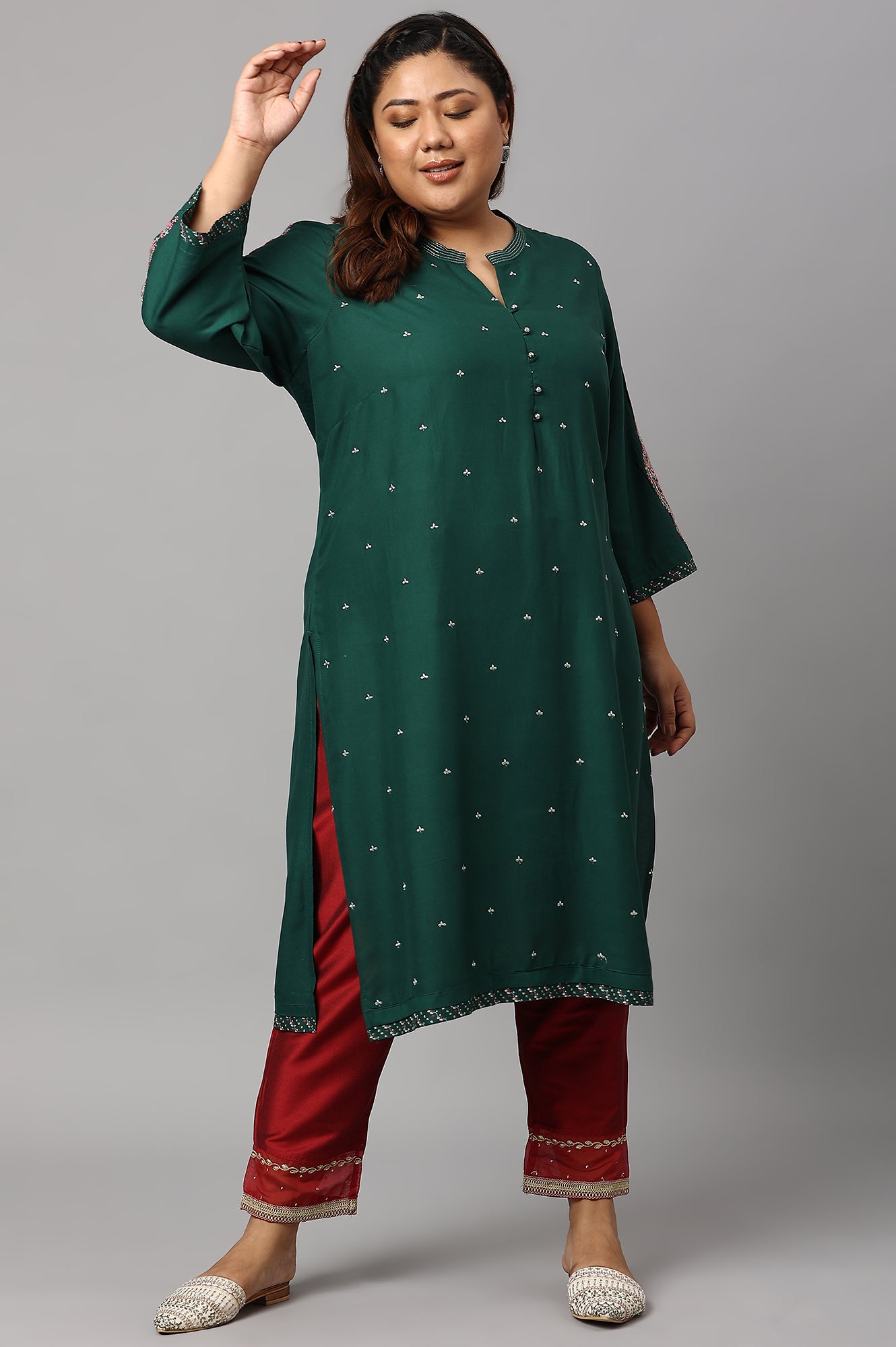 Green Metallic Embroidered Button Down Plus Size kurta