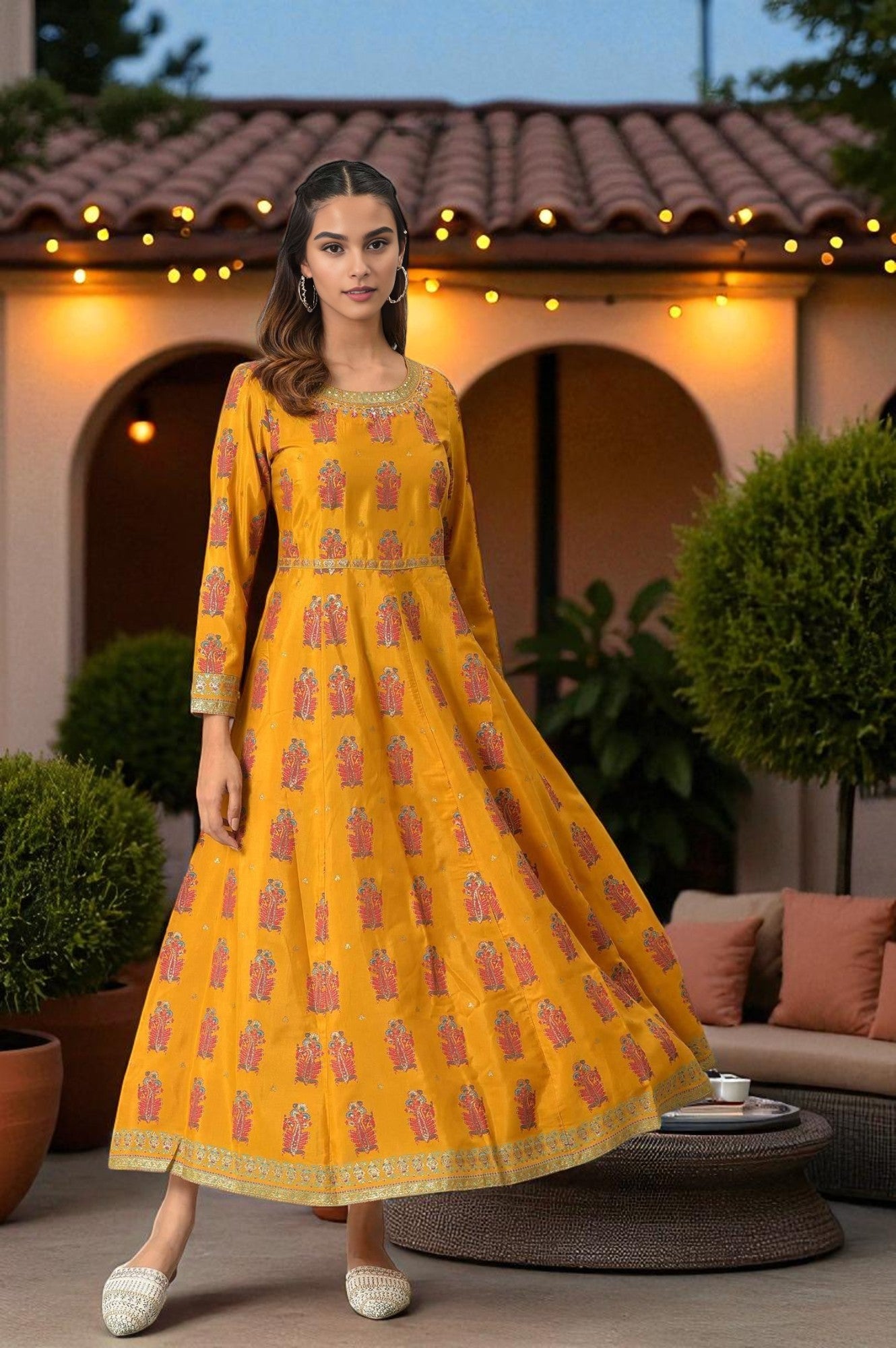 Mustard Paisley Printed Embroidered Ethnic Dress