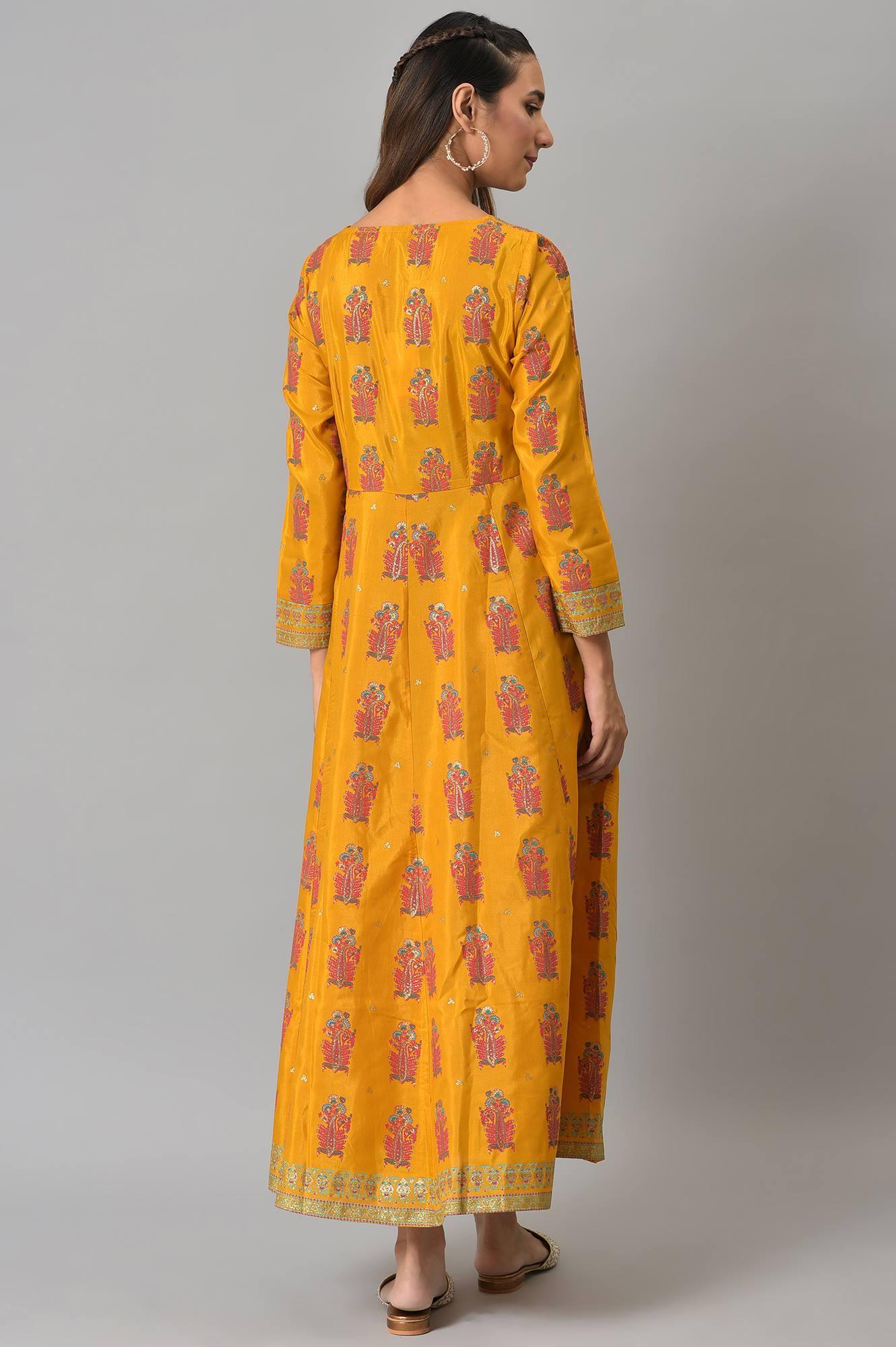 Mustard Paisley Printed Embroidered Ethnic Dress - wforwoman