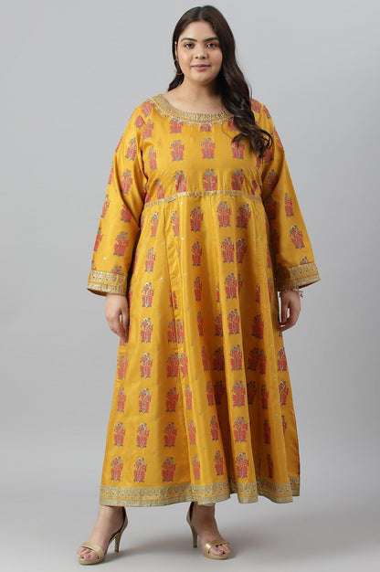 Mustard Paisley Printed Embroidered Plus Size Dress - wforwoman