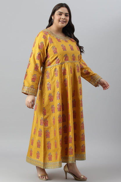 Mustard Paisley Printed Embroidered Plus Size Dress - wforwoman