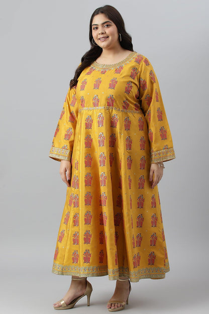 Mustard Paisley Printed Embroidered Plus Size Dress - wforwoman