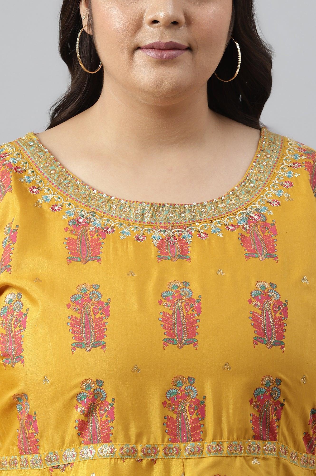 Mustard Paisley Printed Embroidered Plus Size Dress - wforwoman