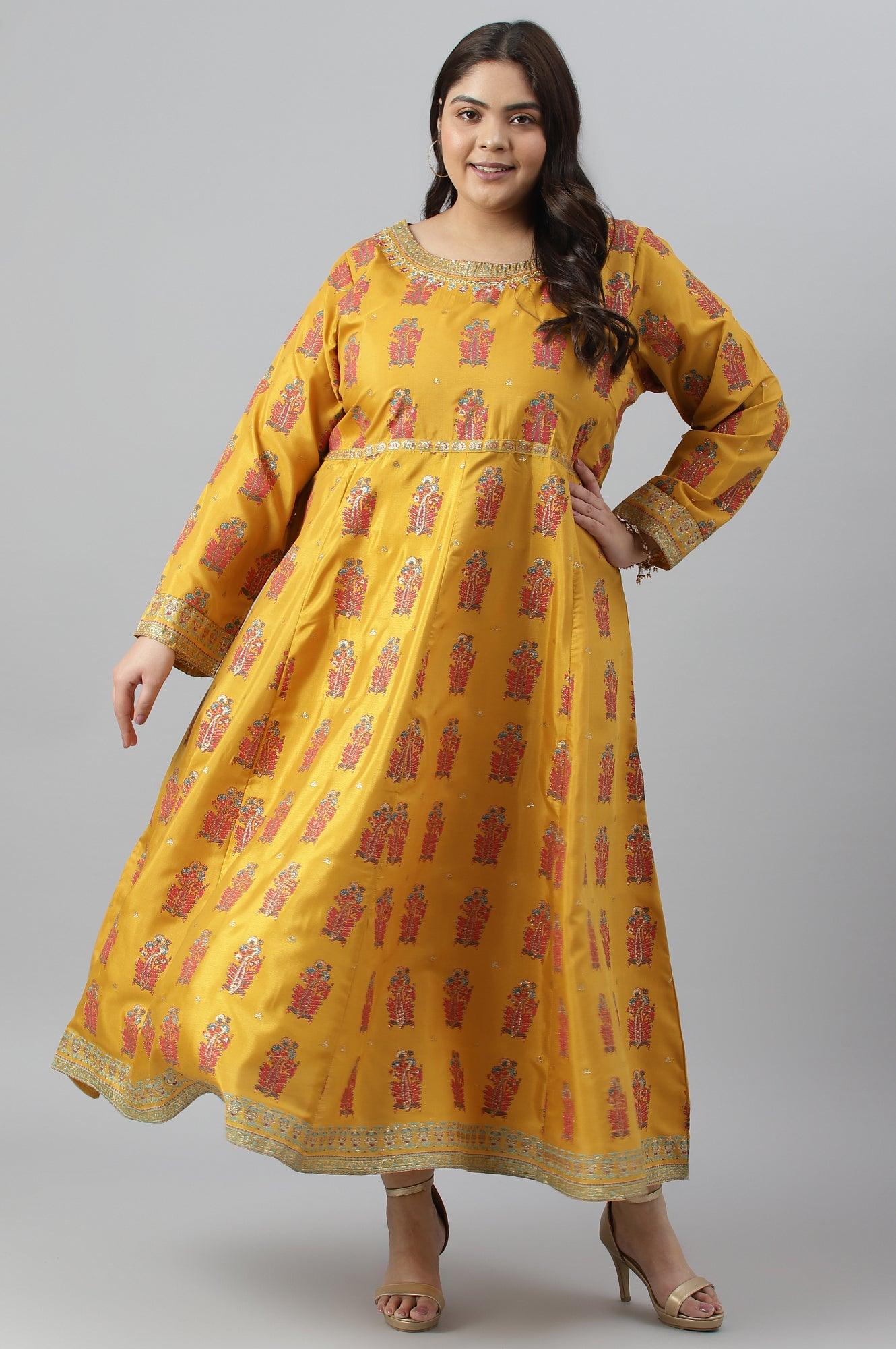 Mustard Paisley Printed Embroidered Plus Size Dress - wforwoman