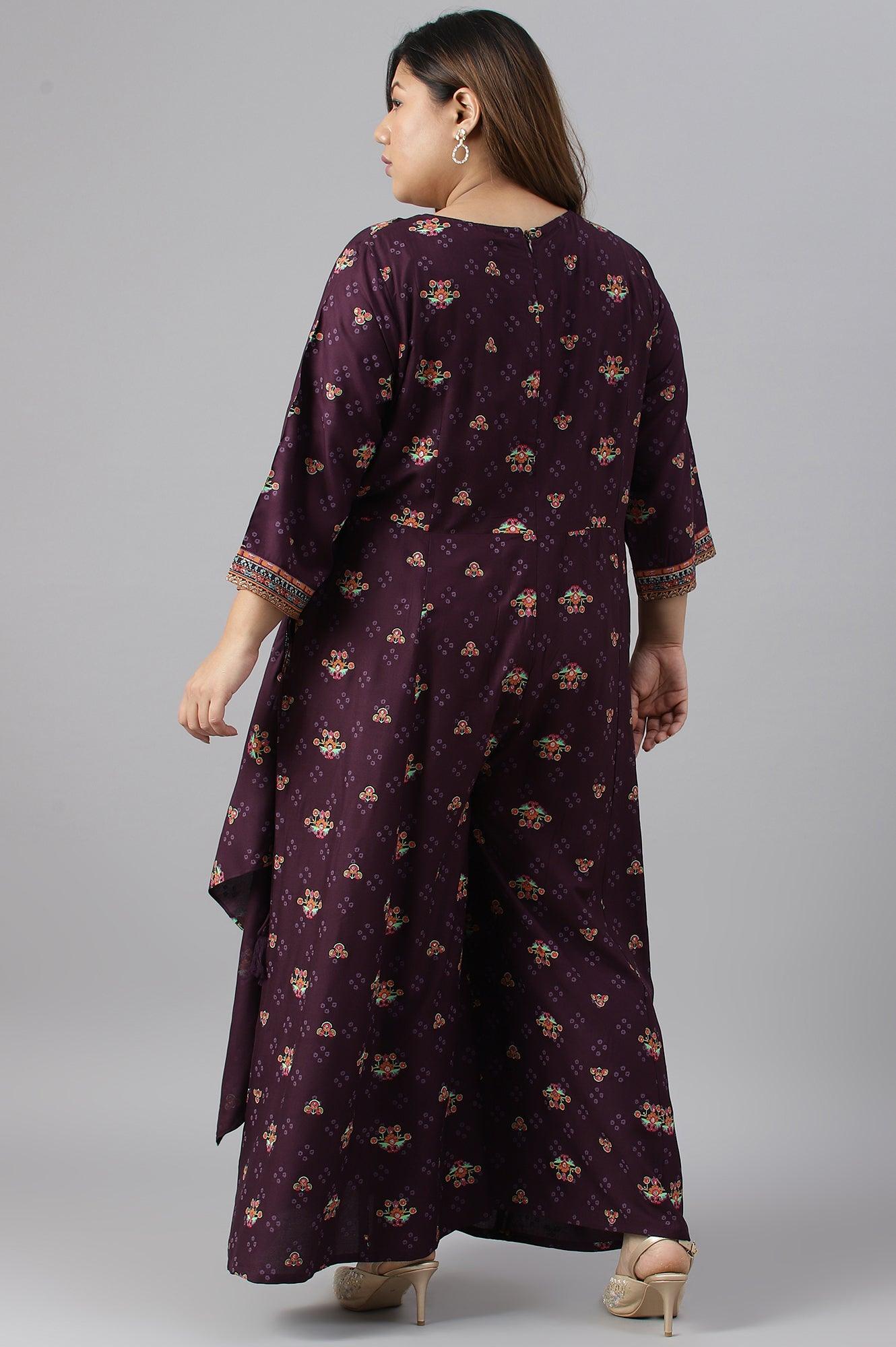 Plus Size Dark Purple Printed Angrakha Jumpsuit - wforwoman