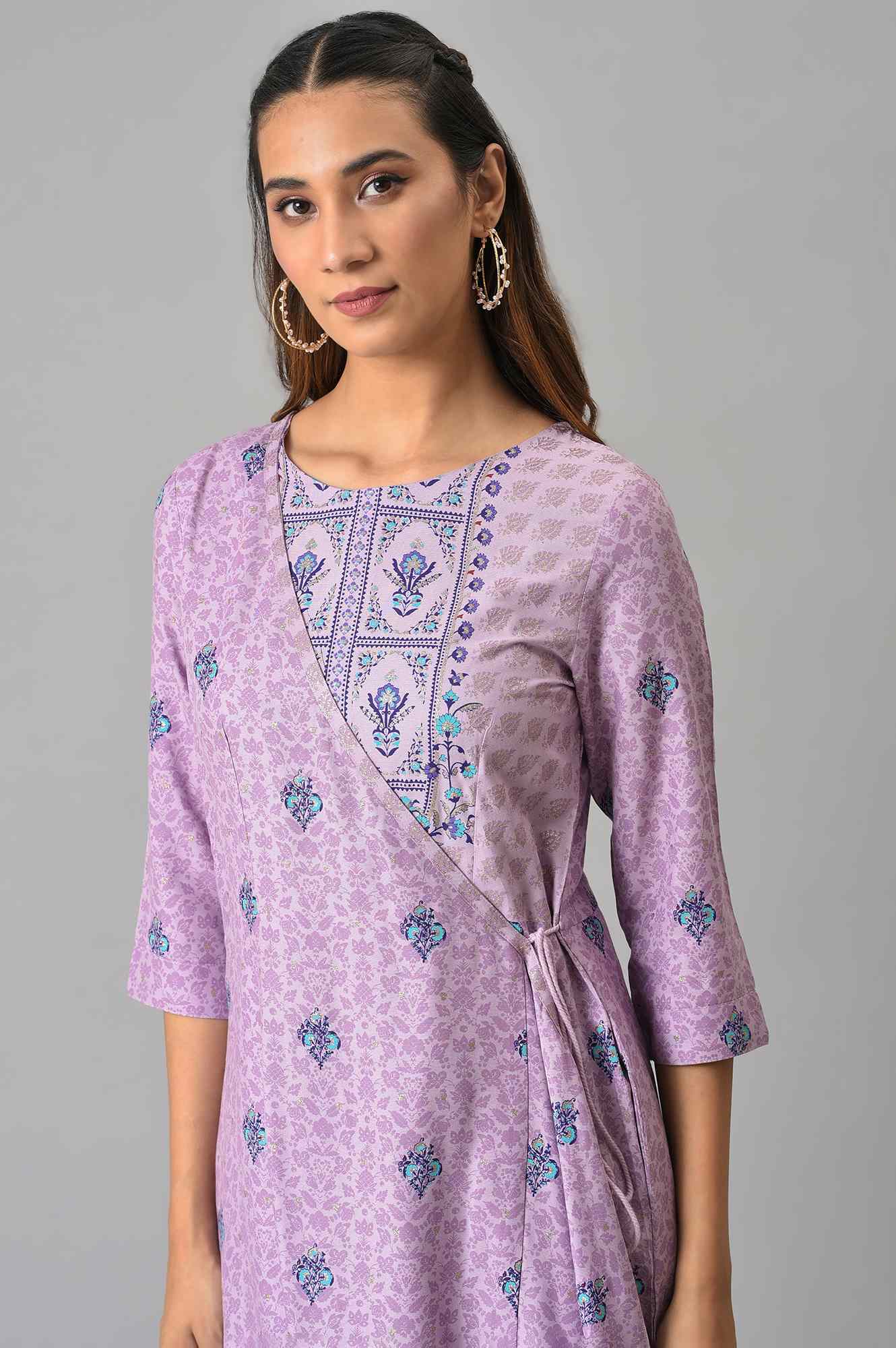 Purple Printed Angrakha Jumpsuit