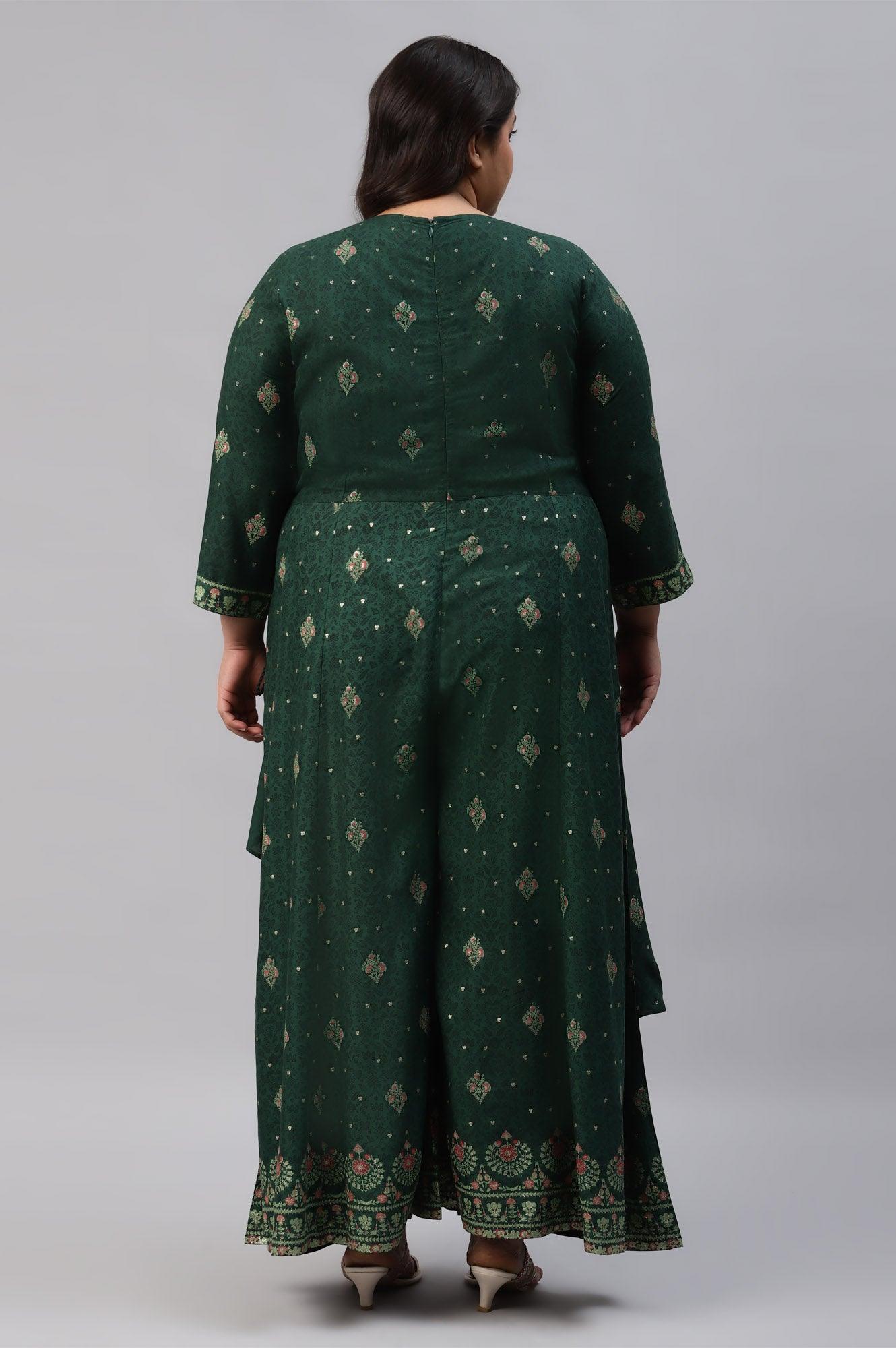 Green Glitter Printed Angrakha Plus Size Jumpsuit - wforwoman