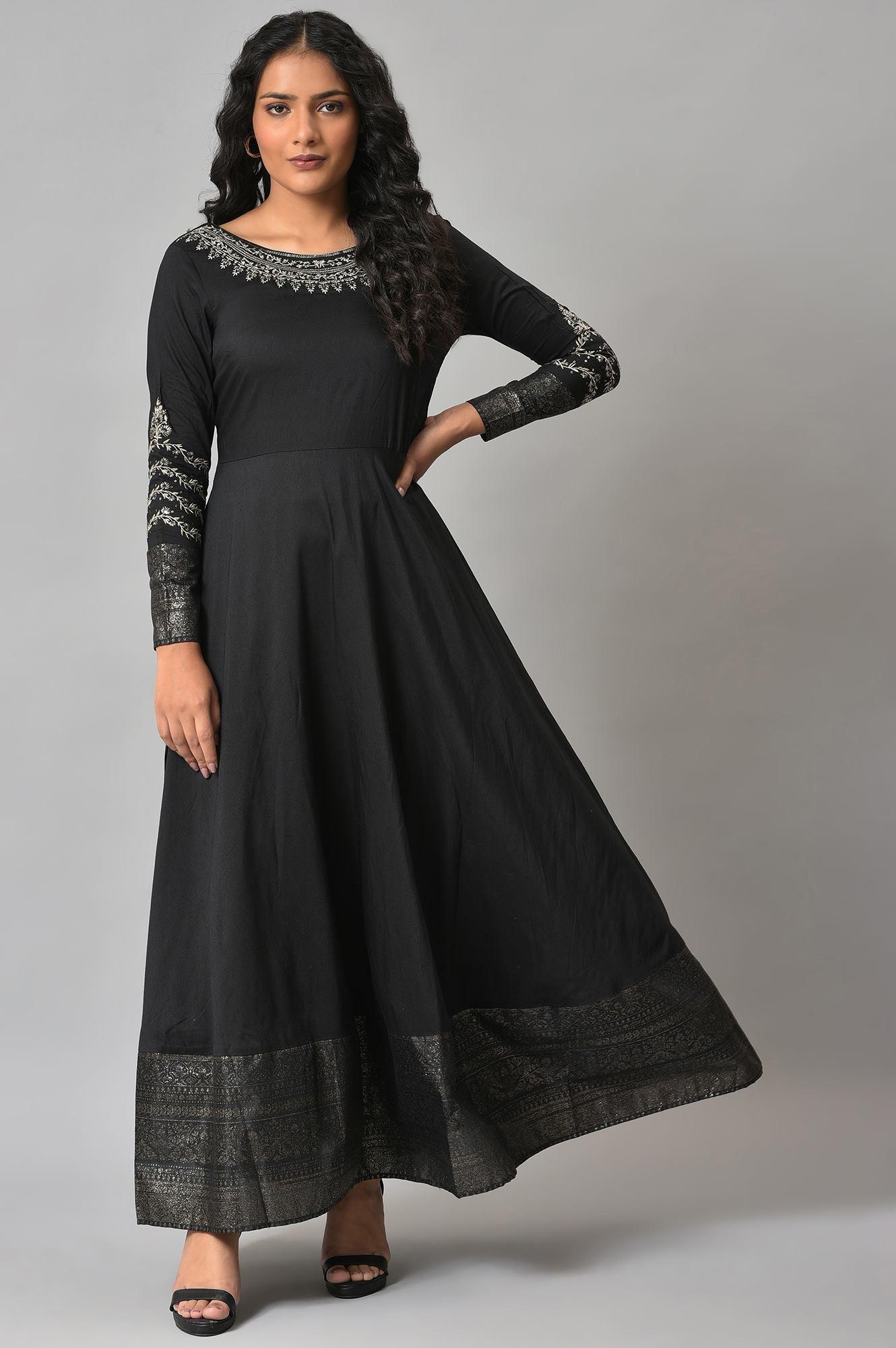 Black Glitter Printed And Embroidered Dress - wforwoman