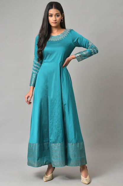Teal Blue Glitter Printed And Embroidered Dress - wforwoman