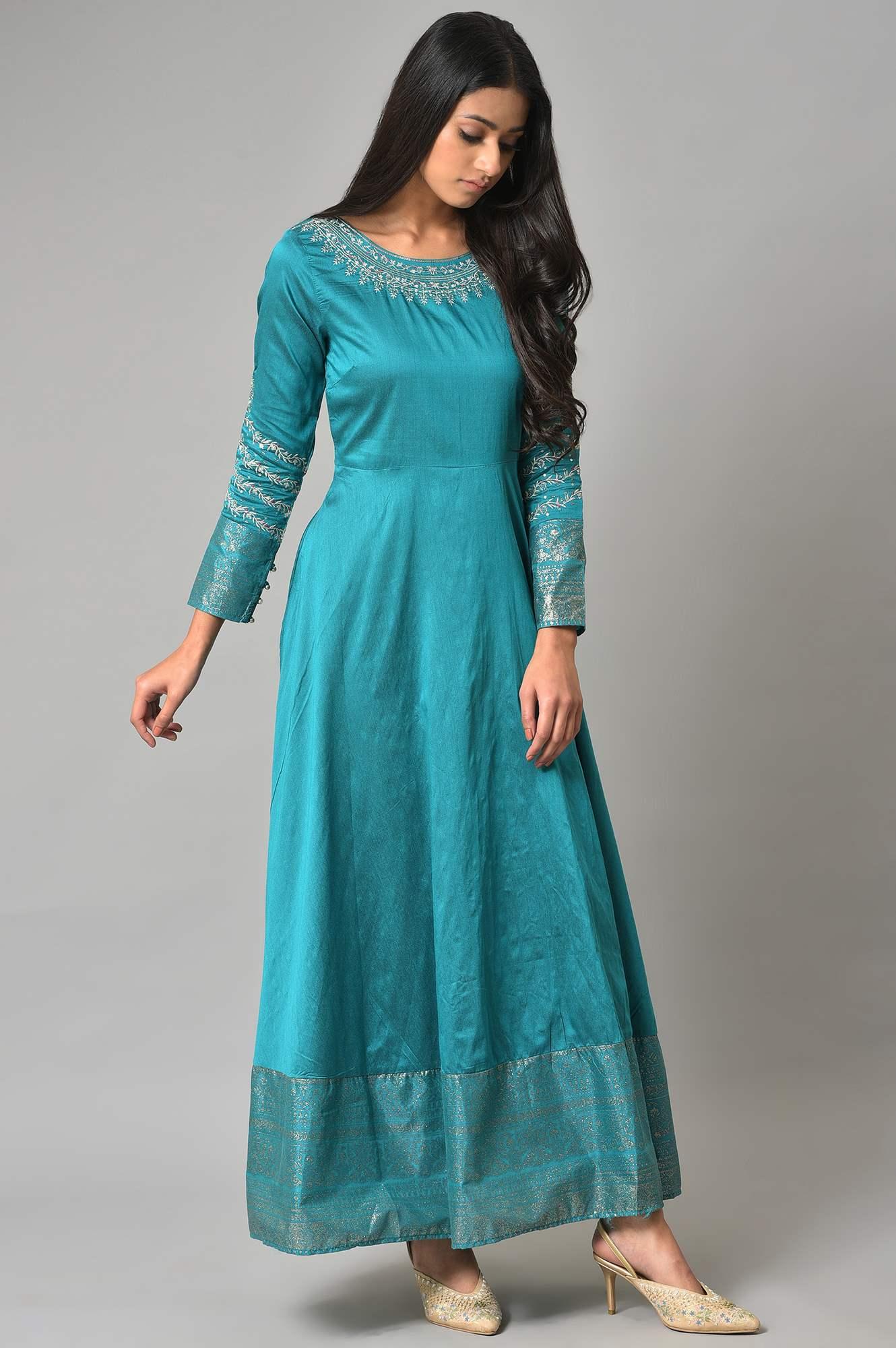 Teal Blue Glitter Printed And Embroidered Dress - wforwoman