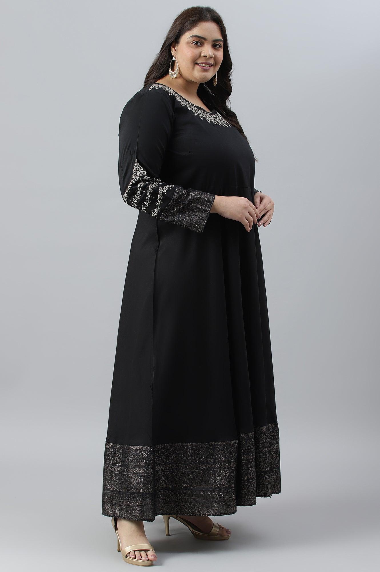 Black Glitter Printed And Embroidered Plus Size Dress - wforwoman