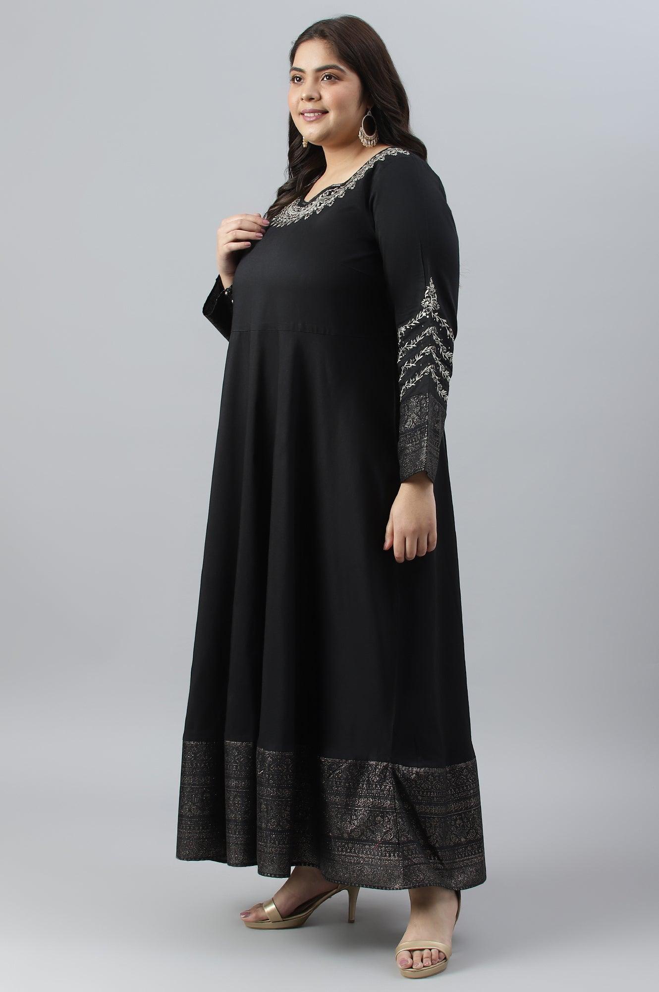 Black Glitter Printed And Embroidered Plus Size Dress - wforwoman