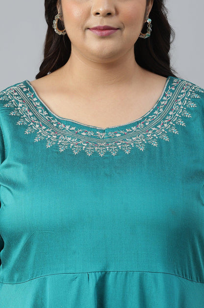 Teal Blue Glitter Printed And Embroidered Plus Size Dress - wforwoman
