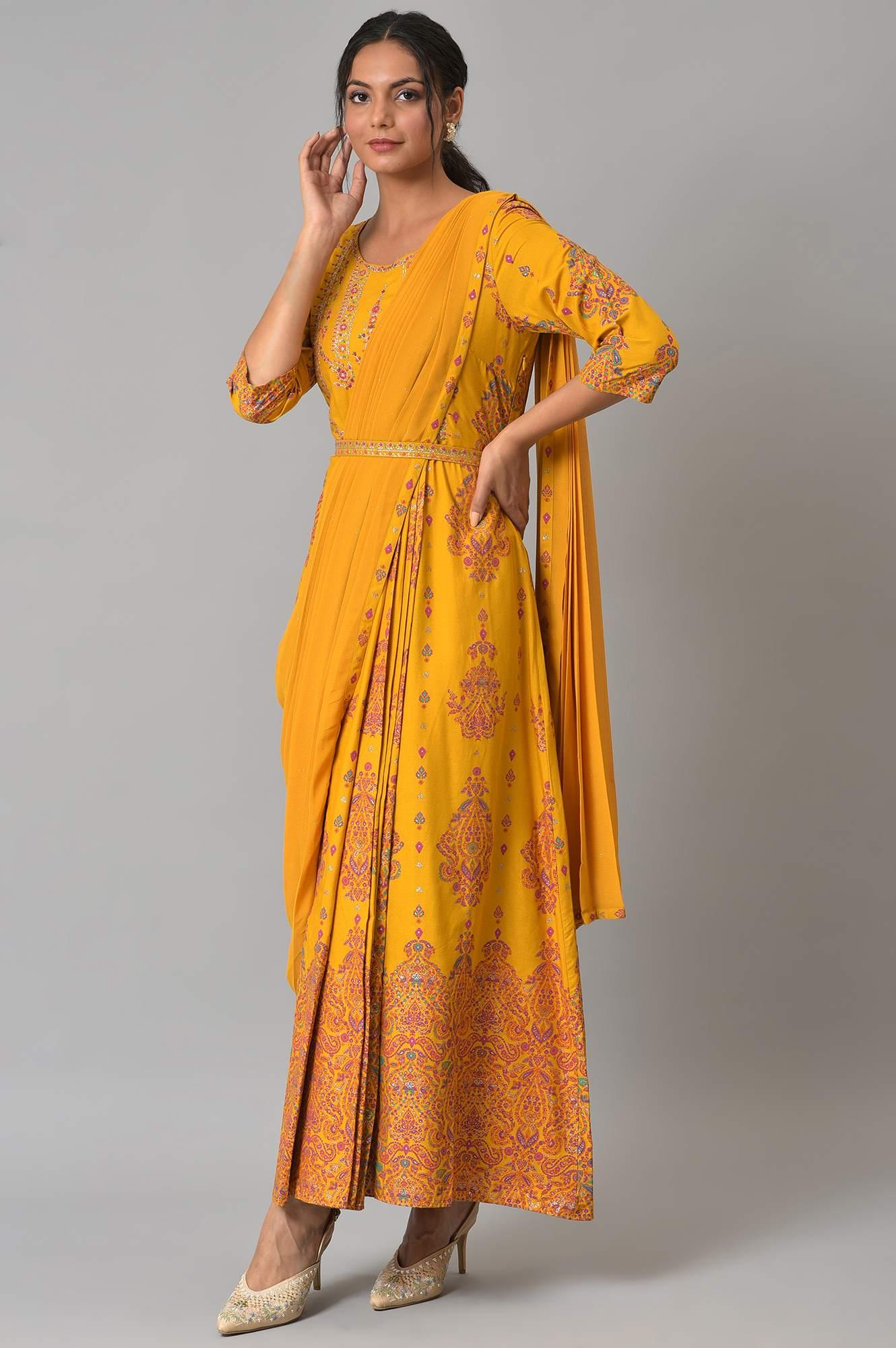 Mustard Printed And Embroiderd Insta Saree Dress - wforwoman