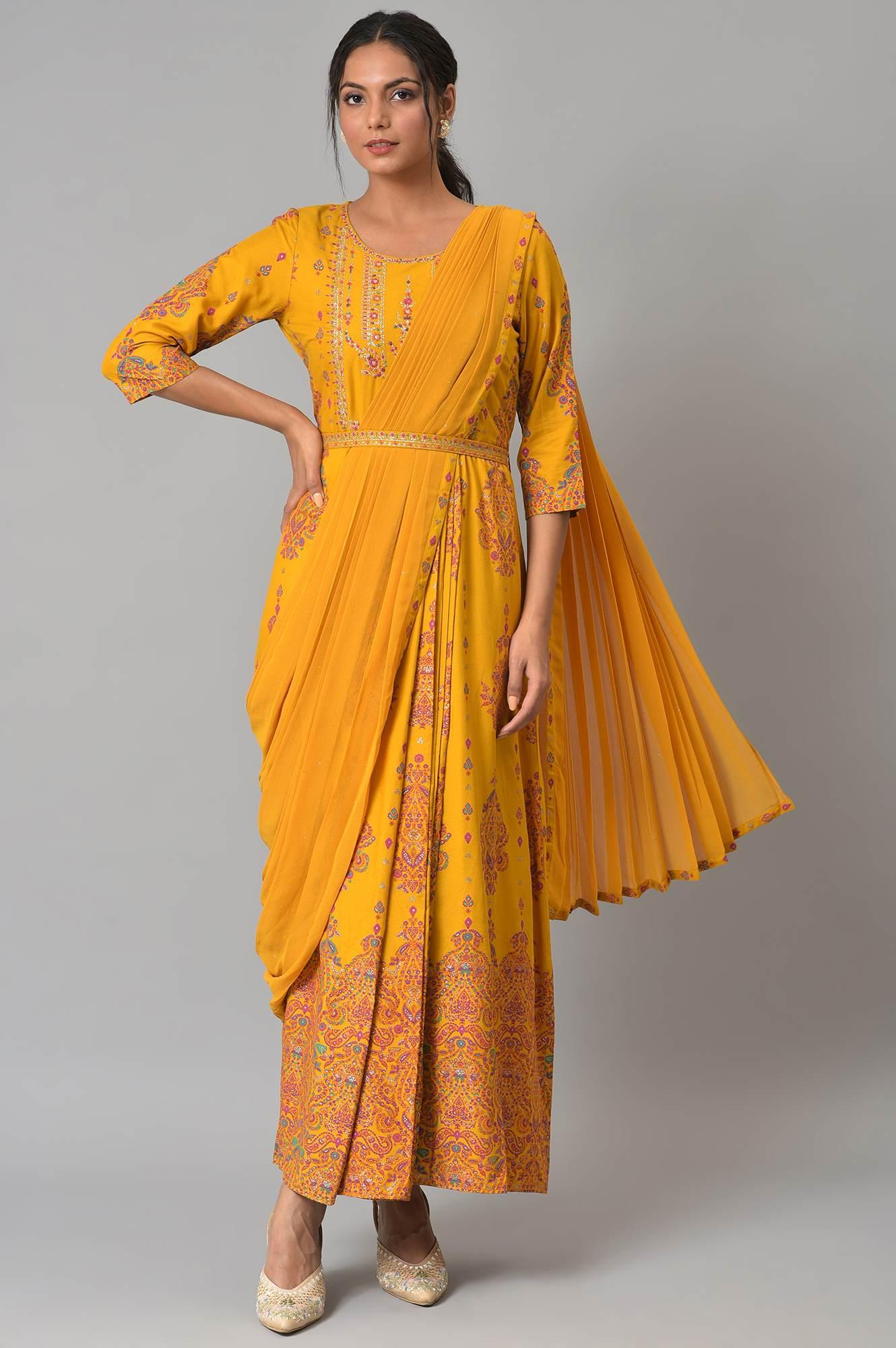 Mustard Printed And Embroiderd Insta Saree Dress - wforwoman