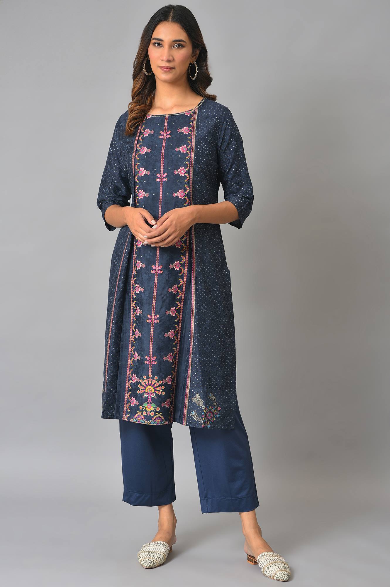 Royal Blue Mock Layered Festive Kurta - wforwoman