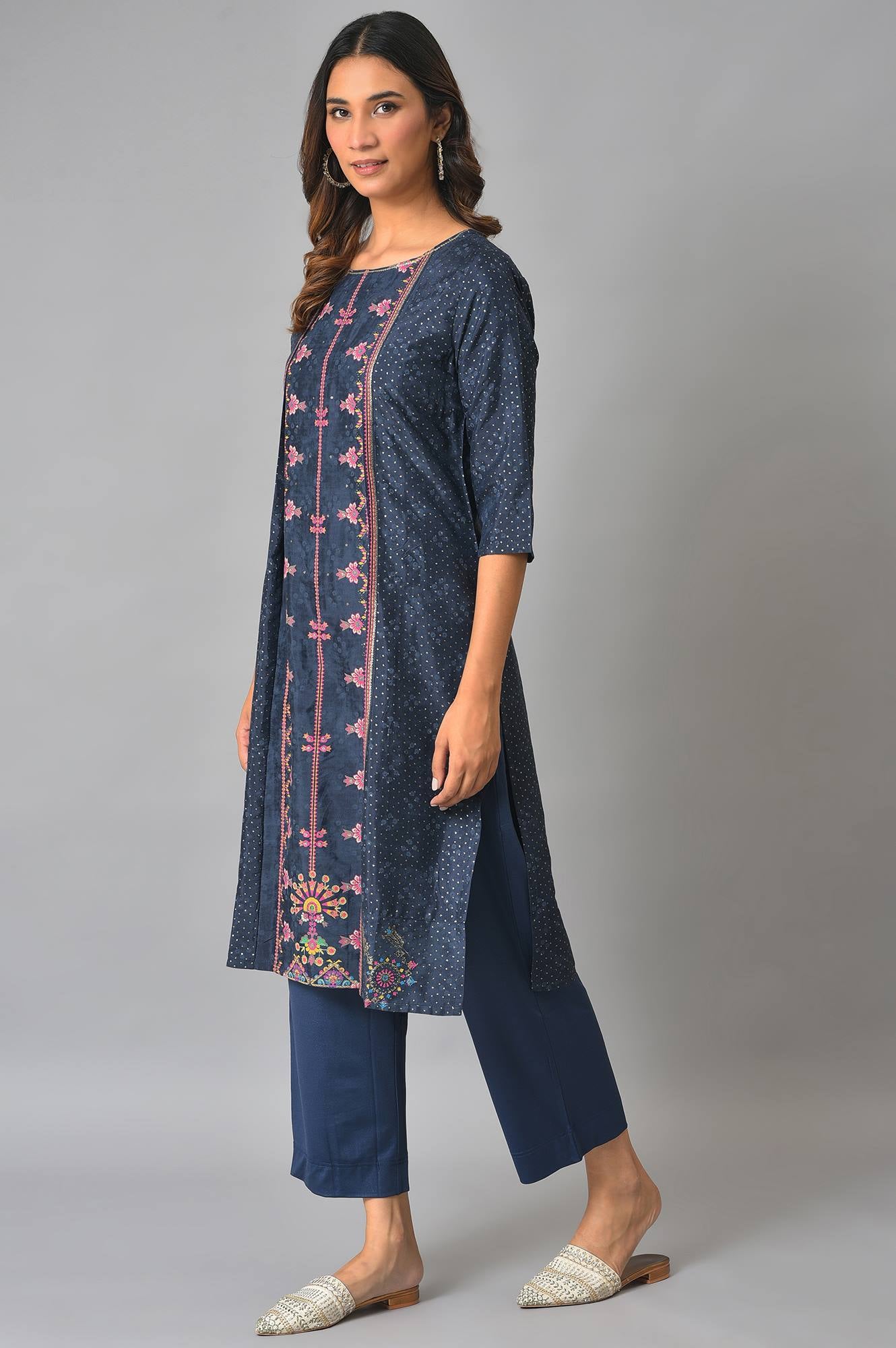 Royal Blue Mock Layered Festive Kurta - wforwoman